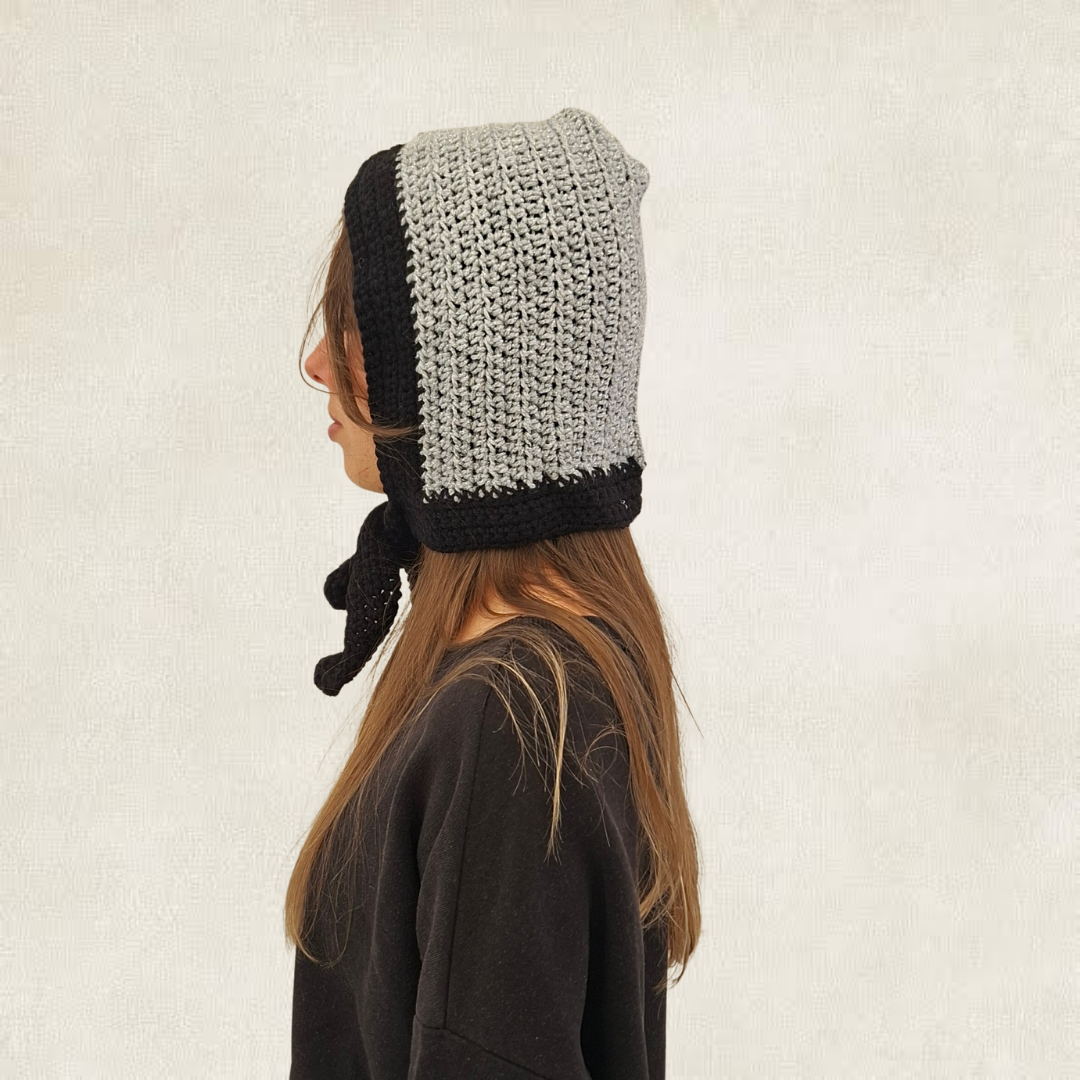 Grey crochet balaclava with ties