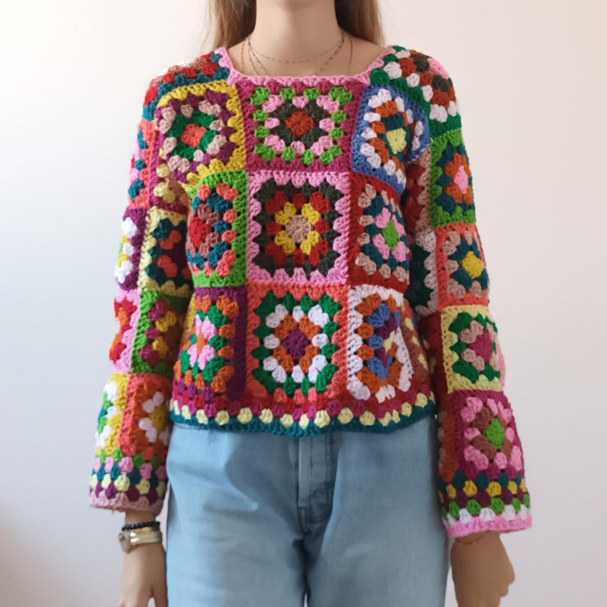 Crochet Pattern Multi-Coloured Granny Square Sweater – PDF Crochet Pattern