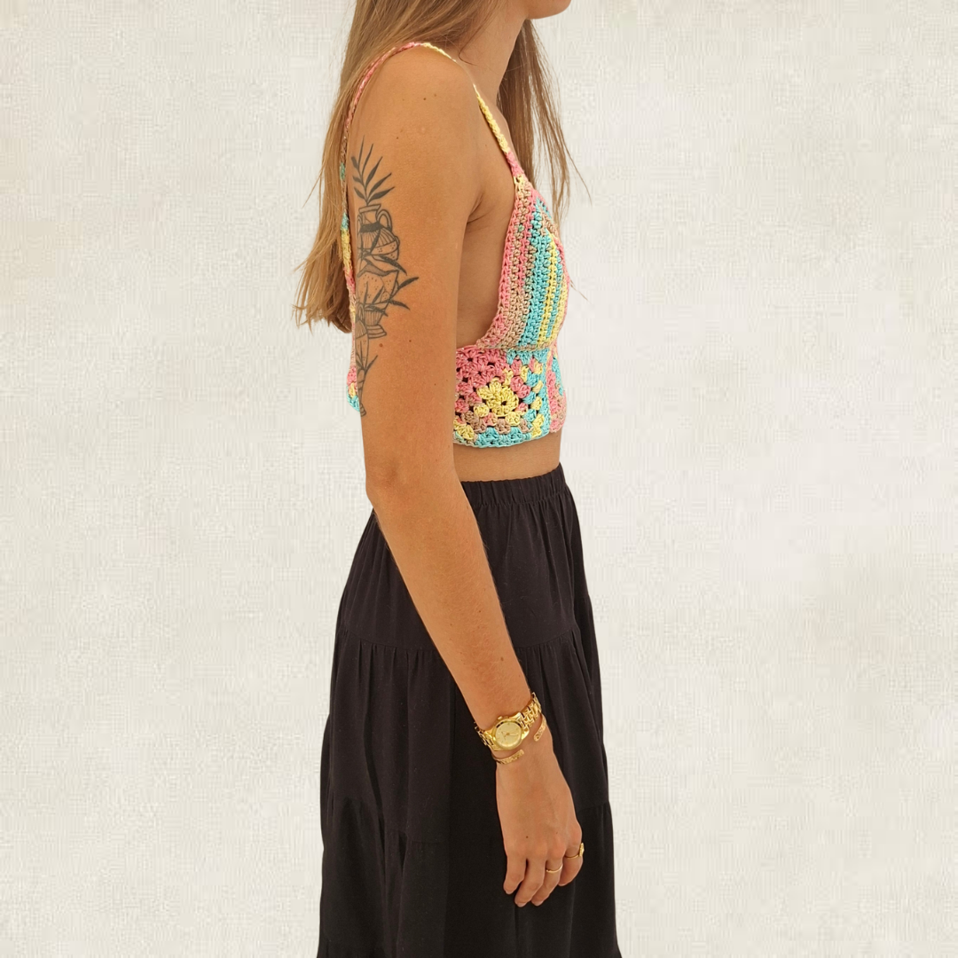 Cropped multicoloured silver crochet top