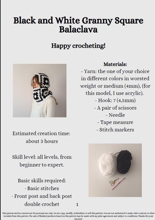 Black & White Granny Square Balaclava Crochet Pattern – PDF Crochet Pattern