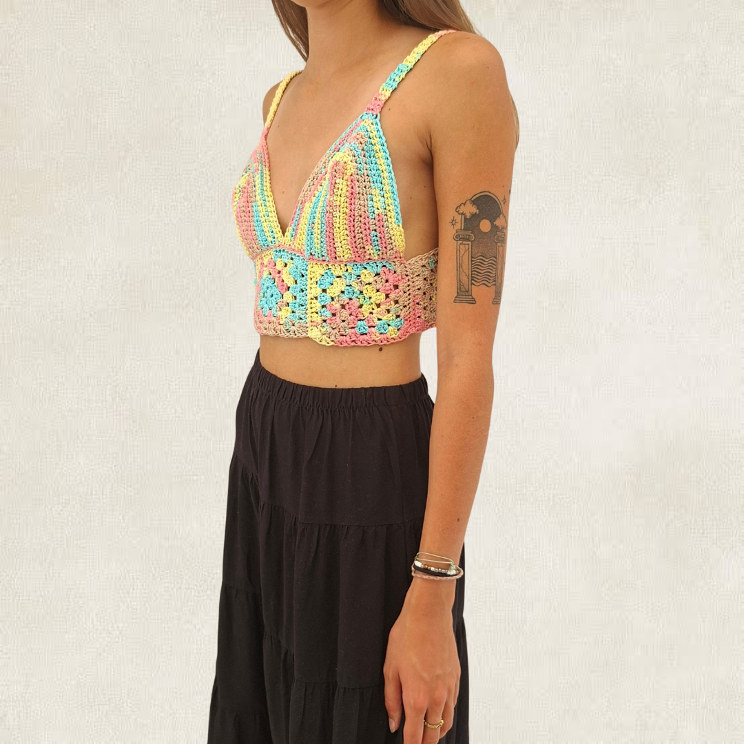Cropped multicoloured silver crochet top