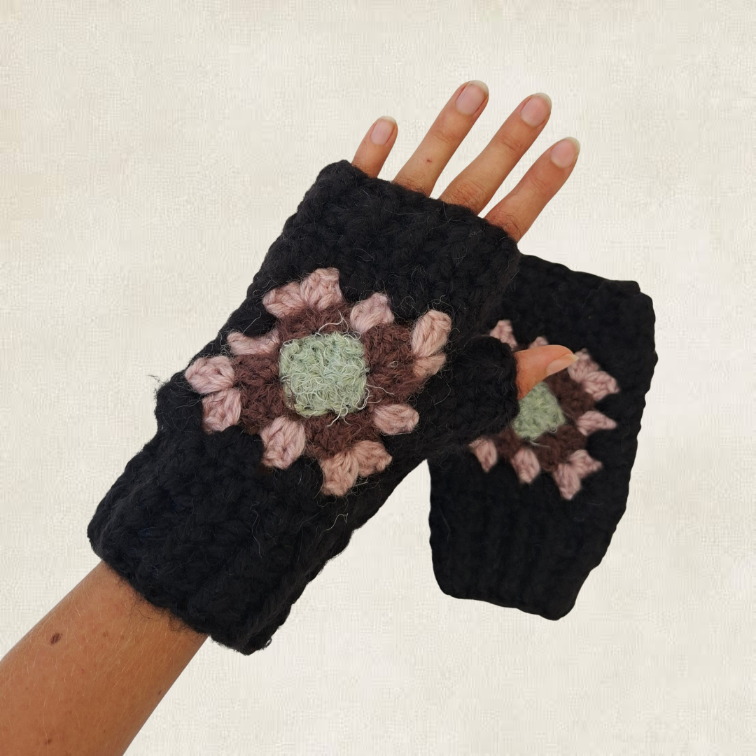 Multicoloured granny square crochet mittens