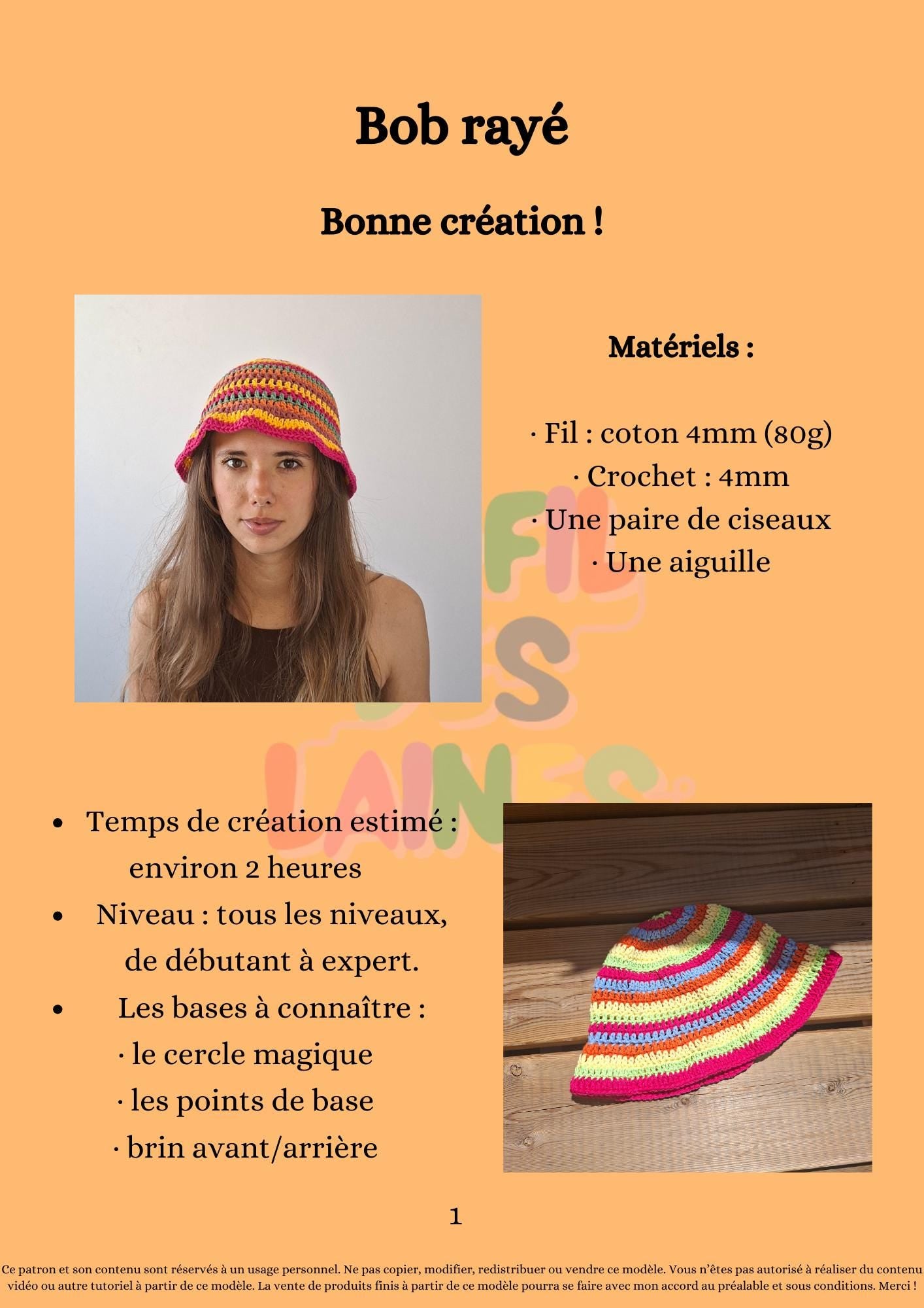 Modèle Crochet Bob rayé multicolore – Patron PDF Chapeau d'Été Crochet