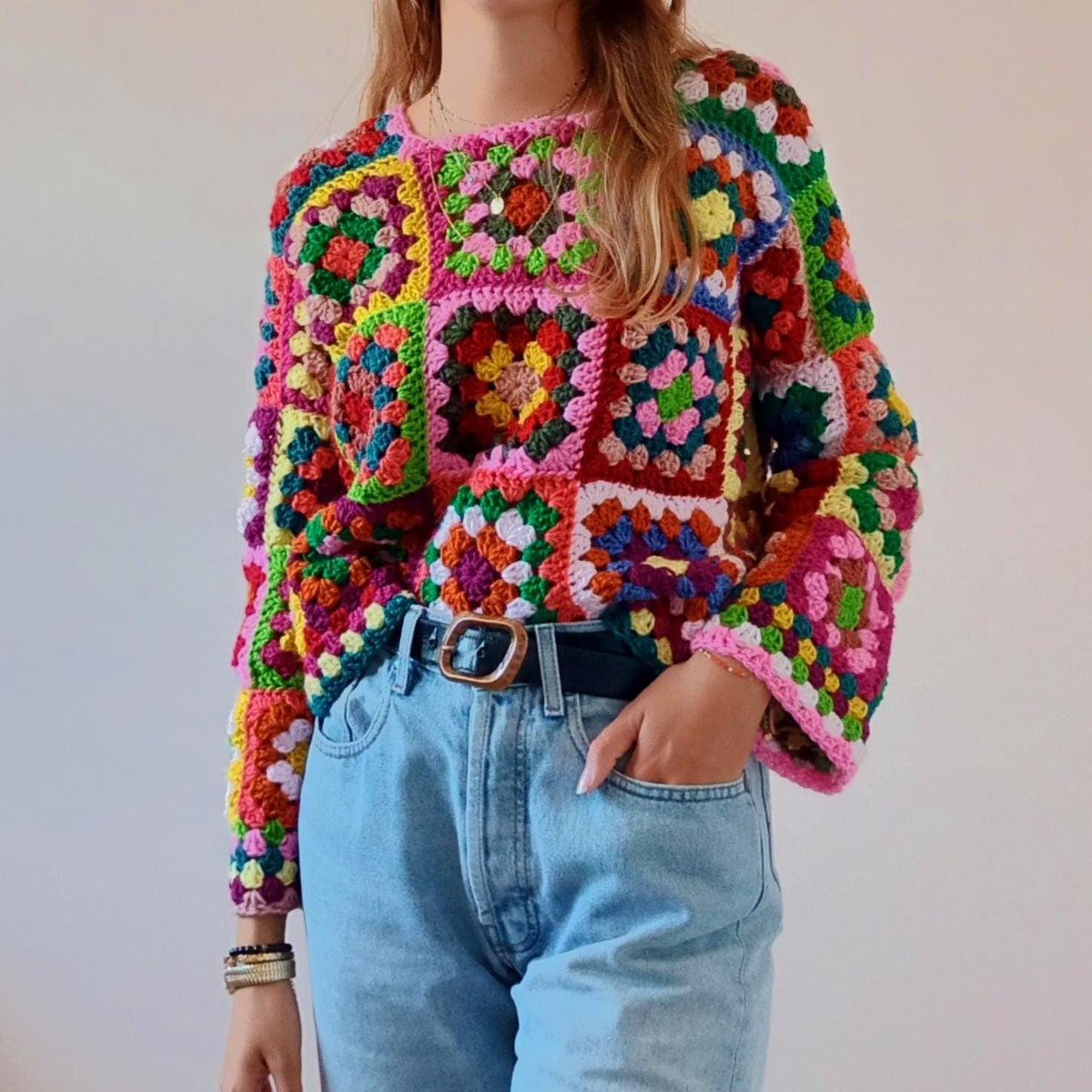 Crochet Pattern Multi-Coloured Granny Square Sweater – PDF Crochet Pattern