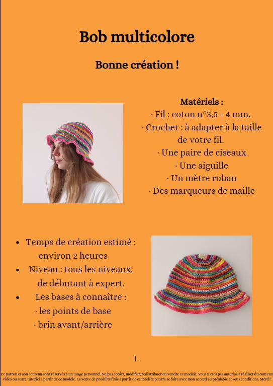 Modèle Crochet Bob multicolore – Patron PDF Chapeau d'Été Crochet